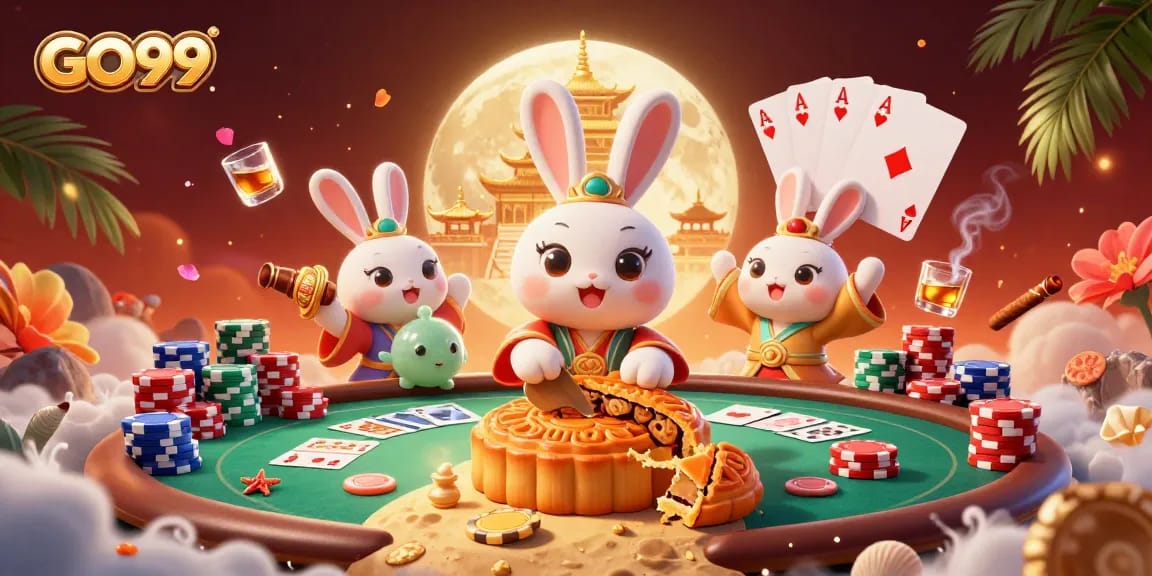 Experience GO99 with a vibrant 3D scene featuring a moon rabbit and poker elements.