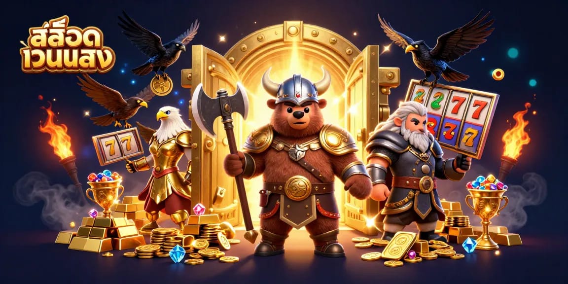 Play สล็อตเว็บตรง in an animated scene with Viking and eagle, surrounded by treasures and slot symbols.
