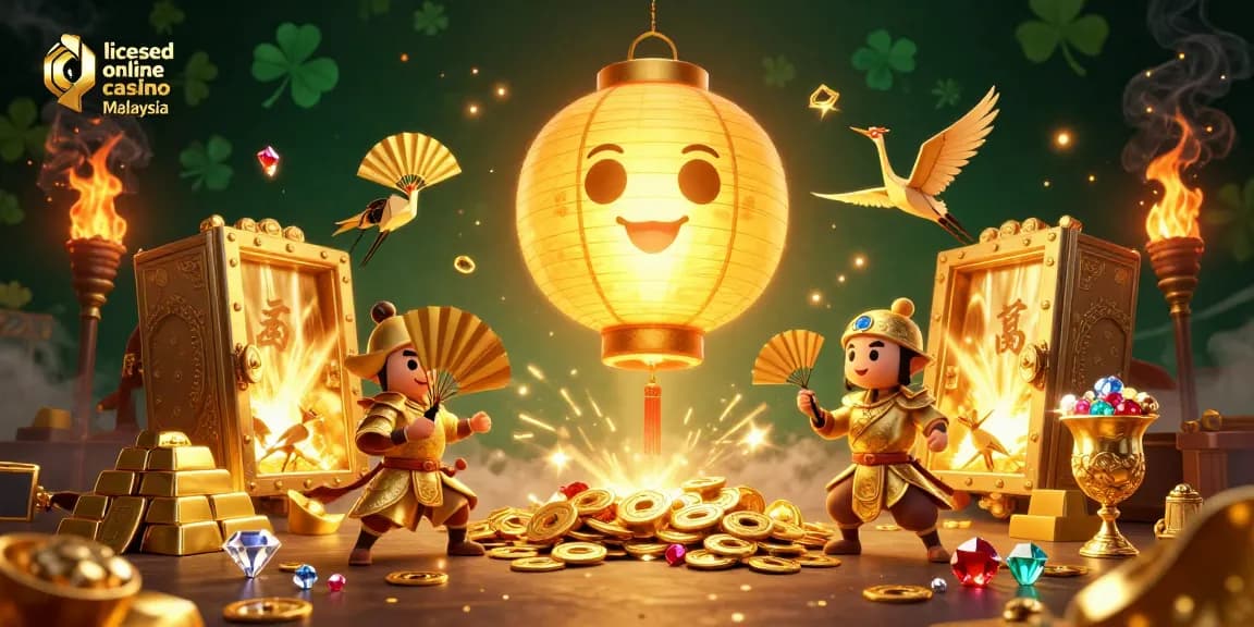 Experience the excitement of a licensed online casino Malaysia with vibrant gaming elements and festive characters.