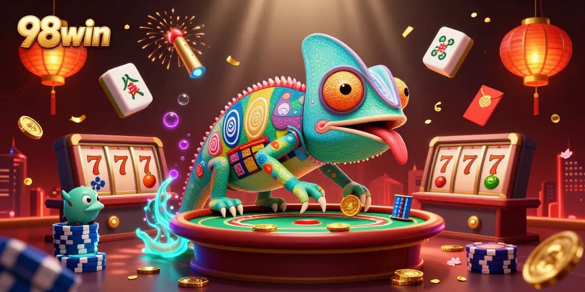Engage in the vibrant atmosphere of 98win's colorful chameleon casino illustration depicting exciting gaming elements and immersive effects.