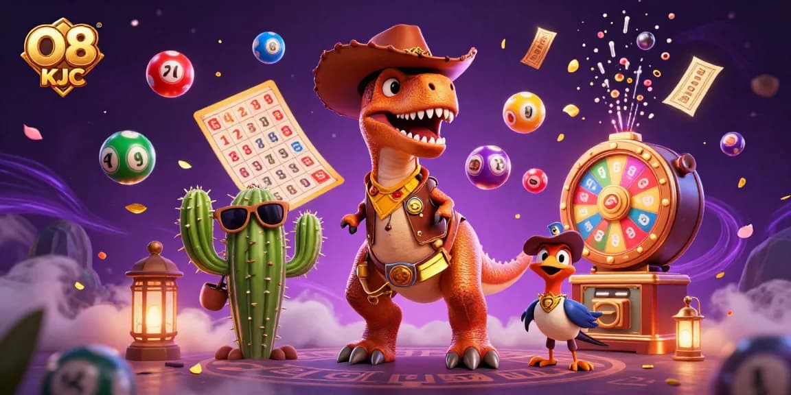 Engage in thrilling games at O8 KJC with colorful lottery balls and cartoon characters in a vibrant casino scene.