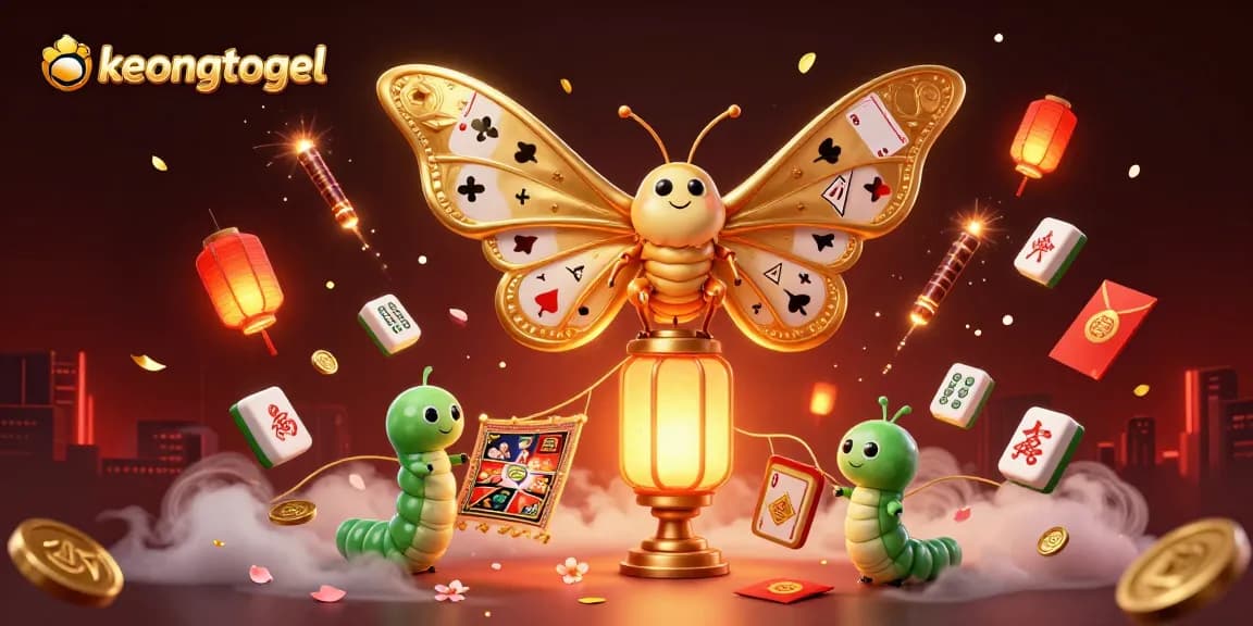 Experience keongtogel with a whimsical 3D casino scene, featuring golden moths and vibrant symbols.