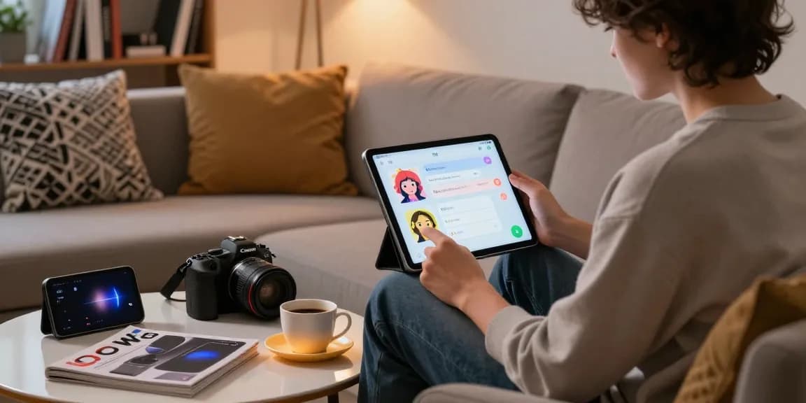Engaging with nsfw ai chatbot on tablet in a cozy modern setting.