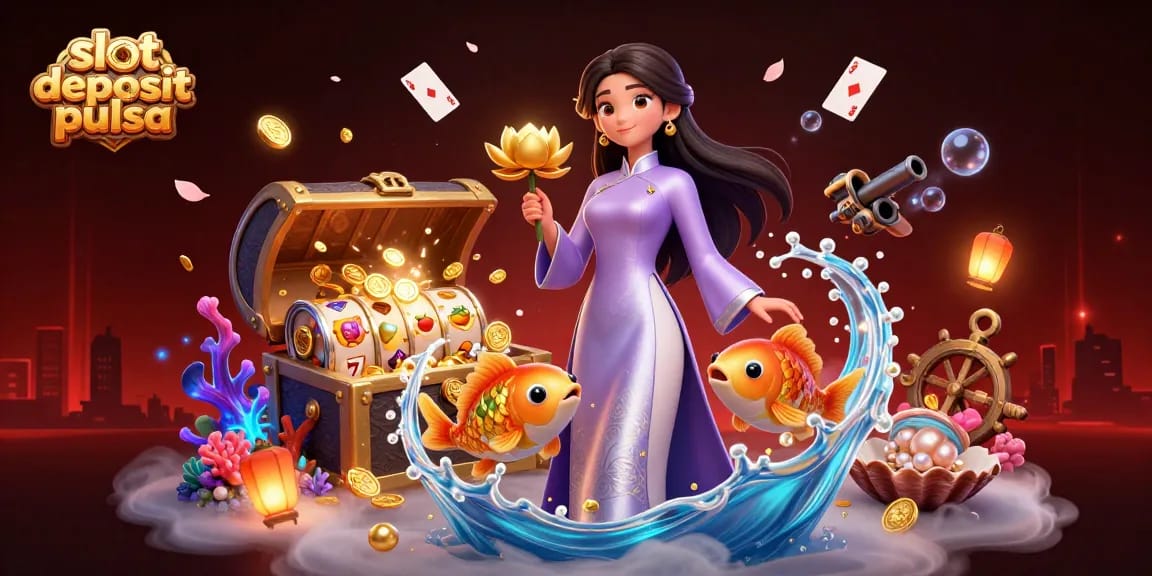 Spin the reels with slot deposit pulsa and win in this vibrant 3D casino scene