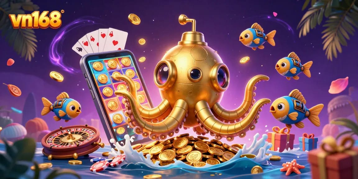 Experience thrilling slots and games with vn168 in this dynamic casino illustration showcasing its vibrant offerings.