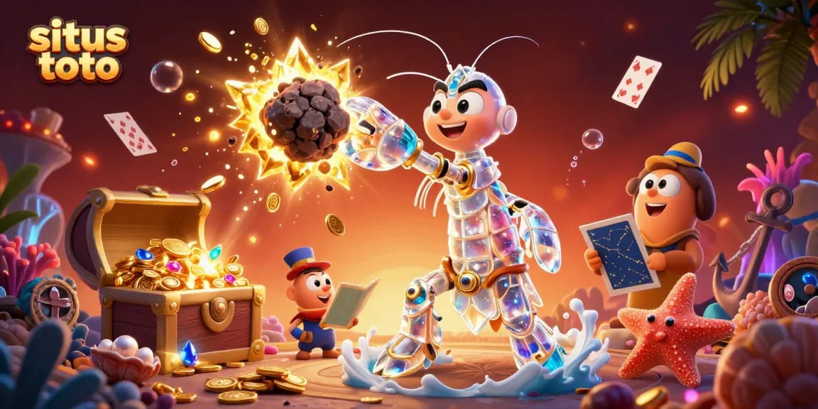 Engage with situs toto as the mantis shrimp bursts through an asteroid, revealing treasure with vibrant casino themes.