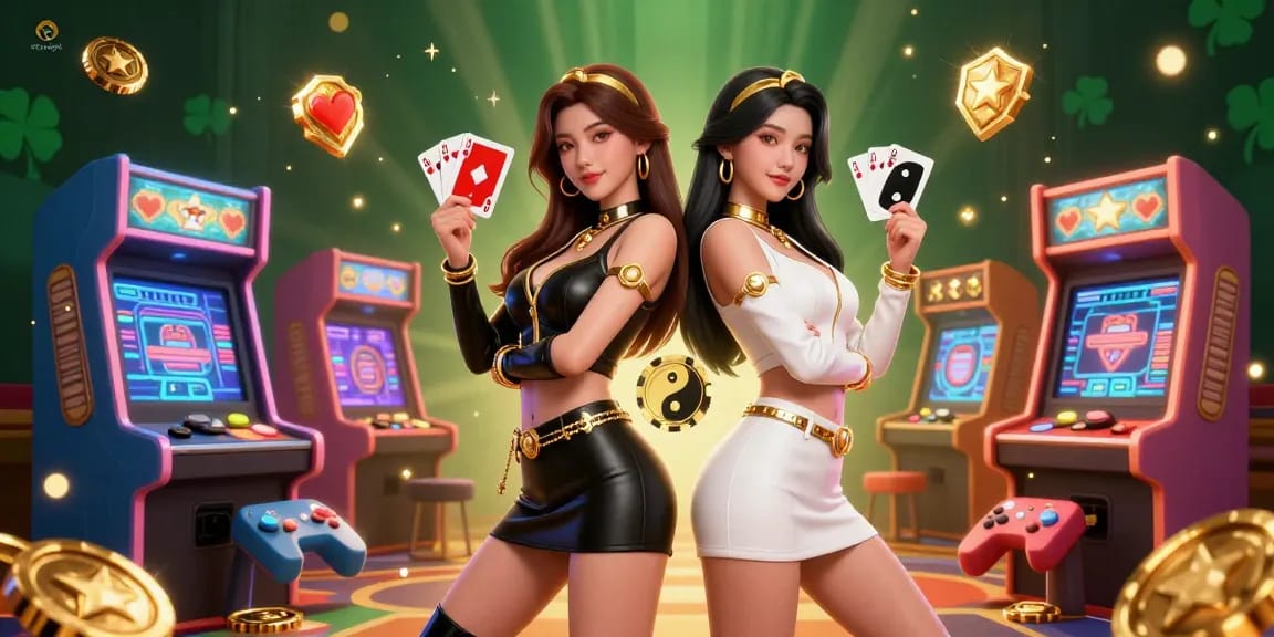 Engage with the exciting world of situs togel featuring twin women with playing cards in a casino-themed digital scene.