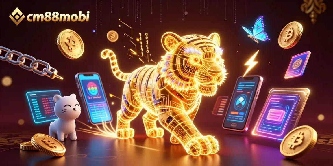 Experience thrilling games at cm88mobi, featuring a radiant golden tiger in a vibrant digital casino.