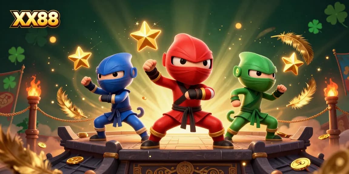 Engage with XX88 through an action-packed 3D scene featuring ninja chameleons and casino elements.