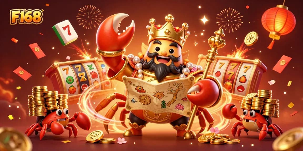 Join F168 for exciting gameplay with a golden crab emperor, vibrant symbols, and thrilling slot action.