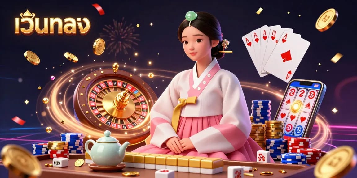 เข้าร่วมกับเกม เว็บตรง โดยมีผู้หญิงชาวเอเชียที่สง่างามในชุดประจำชาติท่ามกลางองค์ประกอบคาสิโนที่เปล่งประกายและเหรียญทองคำ