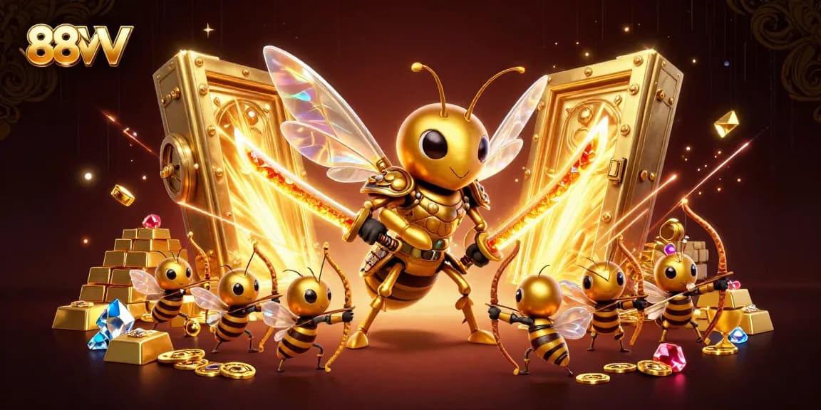 88VV engages in thrilling gameplay with golden treasure and dynamic characters in a vibrant casino scene.