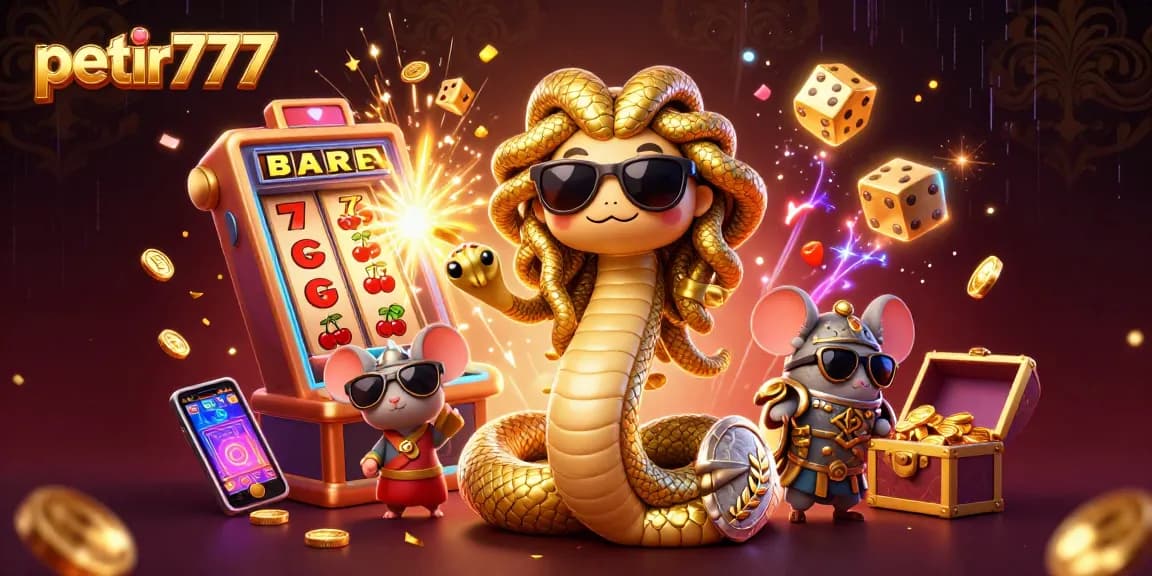 Engage in thrilling games with petir777's vibrant casino scene featuring slot machines and playful characters.
