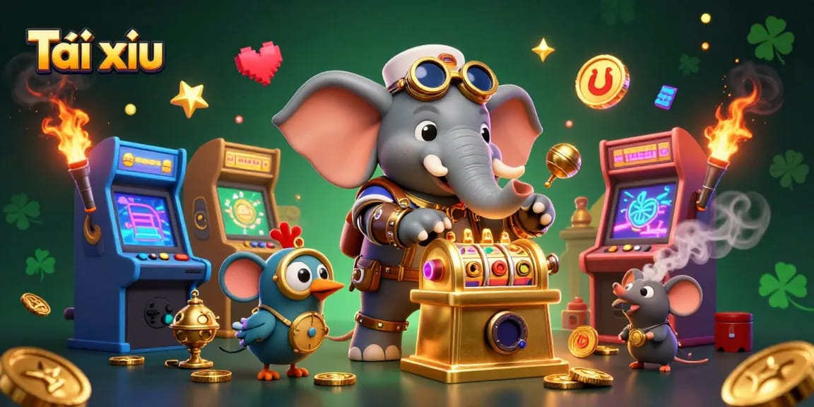 Engage in Tài xỉu excitement with a steampunk elephant at the slot machine, amidst vibrant game symbols.