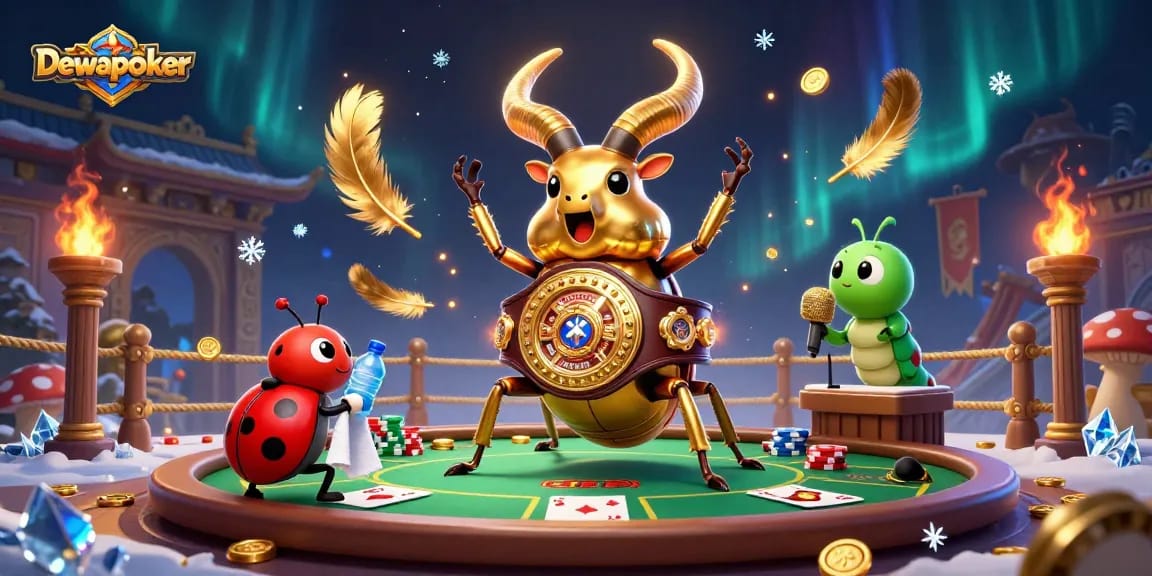 Dewapoker displaying vibrant poker action with a dynamic illustration of a beetle champion and characters in an arena.