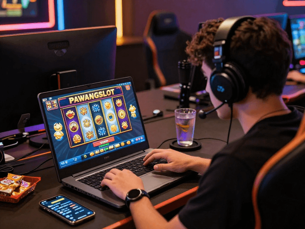 Pengguna PAWANGSLOT bermain slot online dengan antusias, suasana nyaman dan cerah.