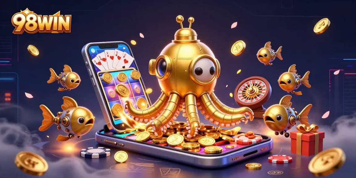 Experience exciting gaming with 98WIN surrounded by golden coins, dynamic slot games, and casino delights.