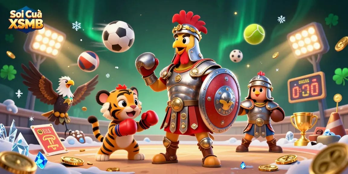 Soi Cầu XSMB showcases a dazzling 3D digital arena with characters and gambling elements in dynamic motion.