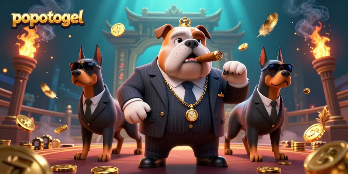 Engage with popotogel's thrilling gambling scene featuring a boss bulldog and bodyguards in an exciting atmosphere.