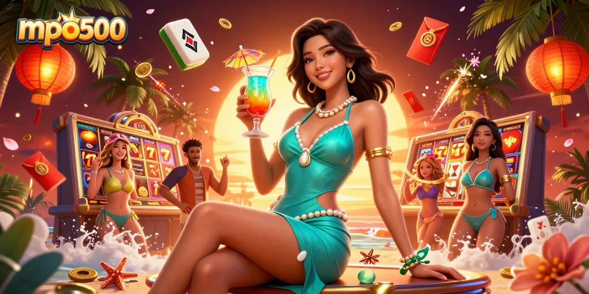 Engage with mpo500 at a vibrant beach casino scene featuring stunning visuals and dynamic slot elements.