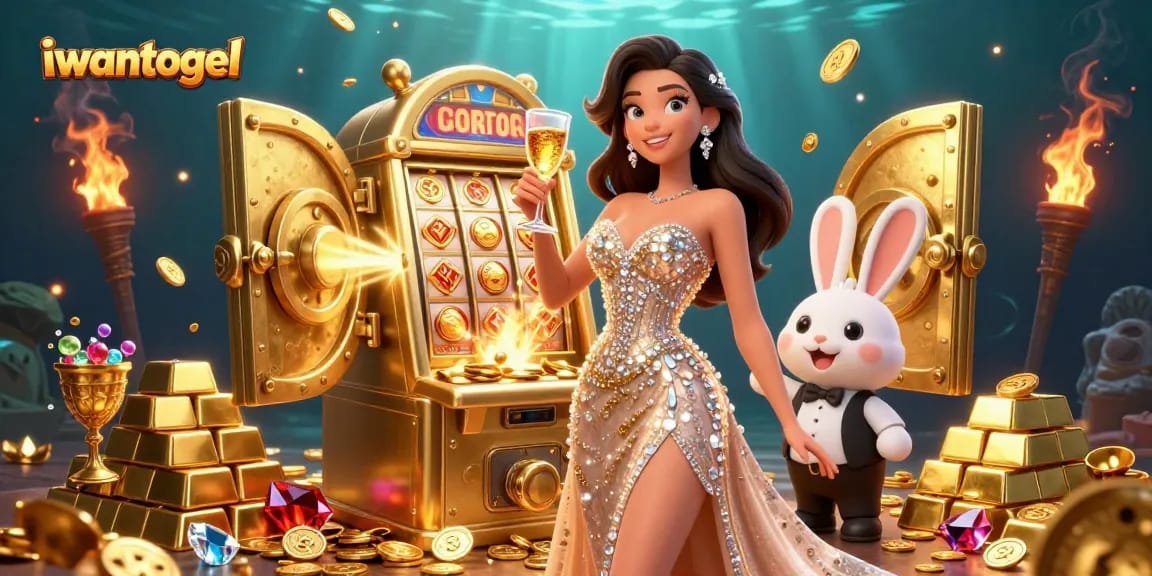 Experience the excitement of iwantogel with a glamorous woman and jackpot slot machine in a luxurious casino setting.