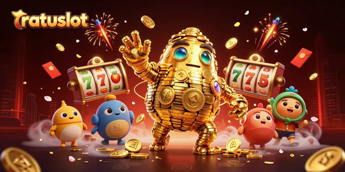 Engage with the excitement at Ratuslot, featuring a vibrant 3D golem amidst spinning slot reels and festive decorations.