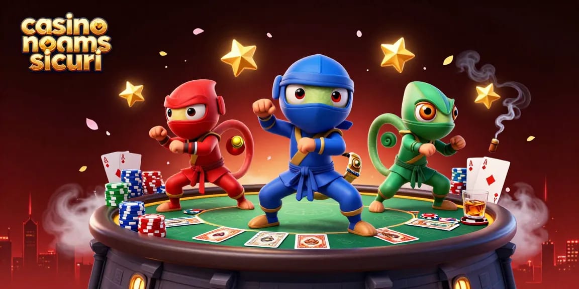 Vivi azioni mozzafiato nei casino non aams sicuri con ninja camaleonti, fiches da poker e vibranti elementi di casinò.