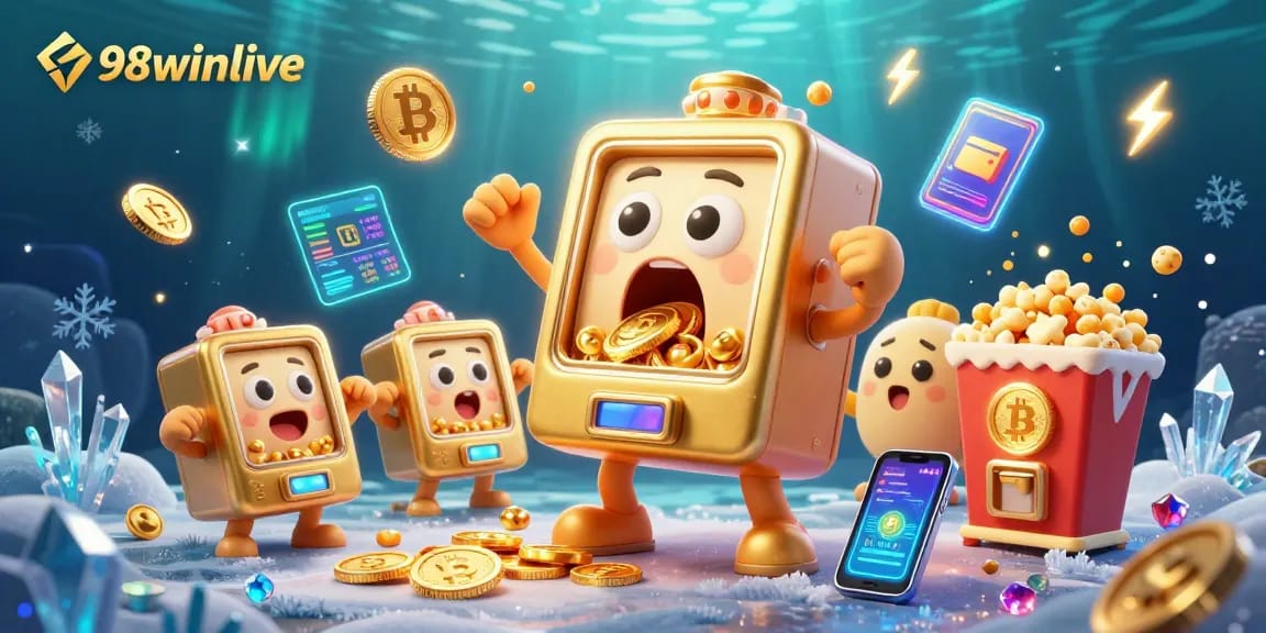 Engage with 98winlive as cartoon slot machines burst with coins, showcasing epic jackpot celebration.