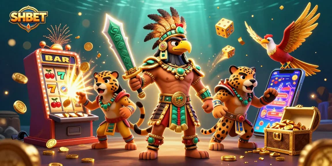 Experience the excitement of SHBET with a vibrant jackpot scene featuring Aztec warriors and dynamic casino games.