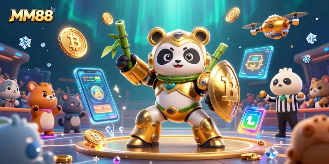 Experience the thrill of MM88 with a mech-suit panda battling in a vibrant casino arena.
