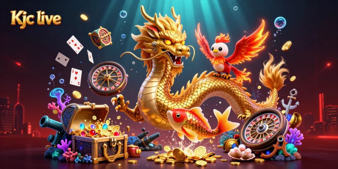 Engage with Kjc live casino excitement through a dynamic scene featuring a golden dragon and floating roulette wheels.