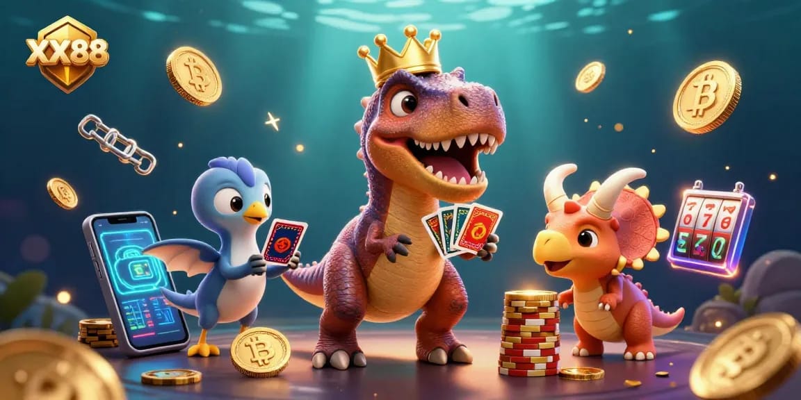Engage with the thrilling gaming world of XX88, featuring 3D whimsical dinosaurs in a vibrant casino scene.