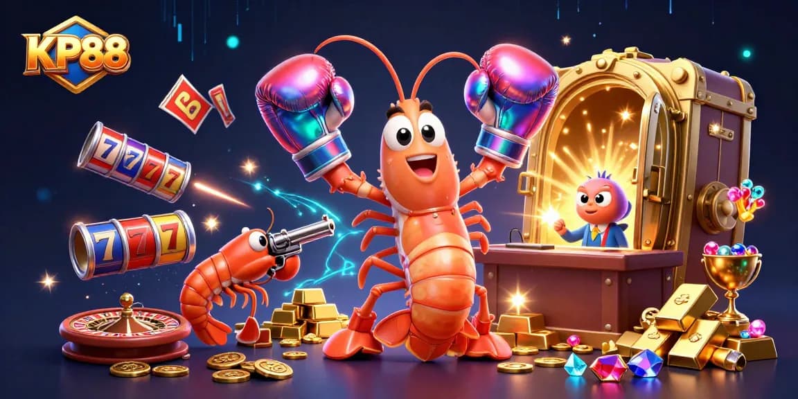 Experience KP88's thrilling games with a vibrant scene filled with slot reels and dazzling treasures.
