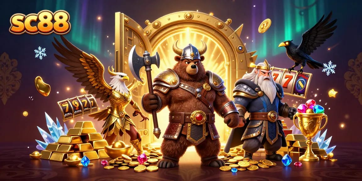 Engaging sc88 gaming scene with Viking bear, Valkyrie eagle, and rich casino elements for ultimate betting action