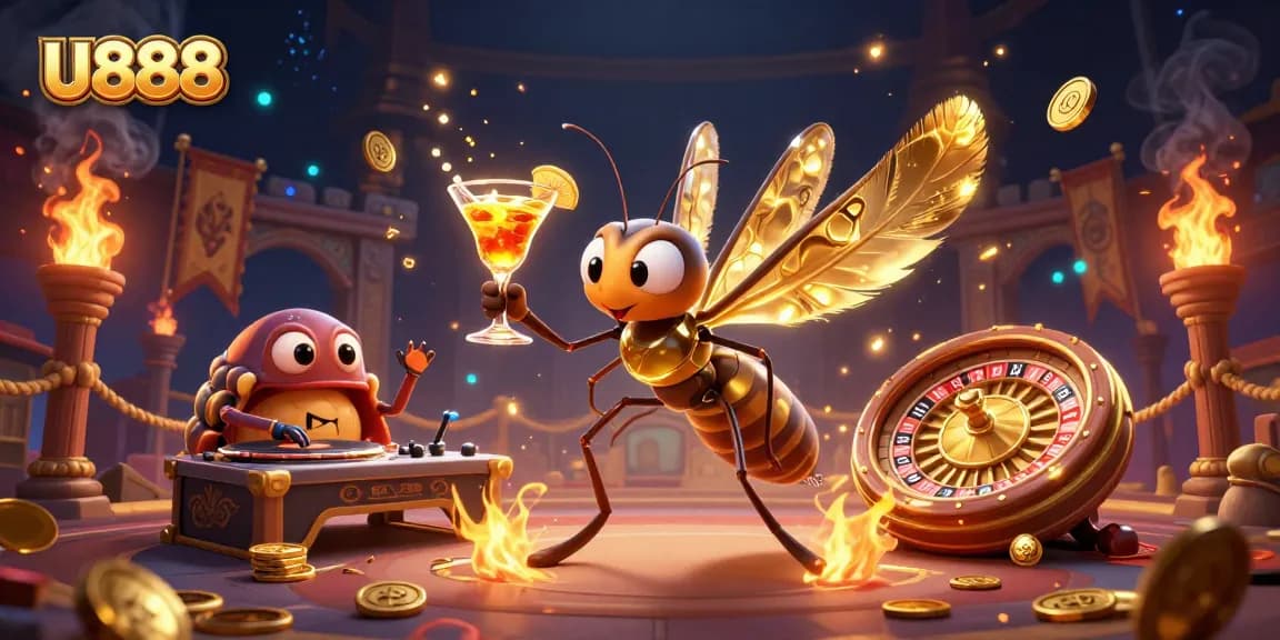 Experience U888's thrilling casino atmosphere with dynamic 3D characters showcasing gaming excitement.