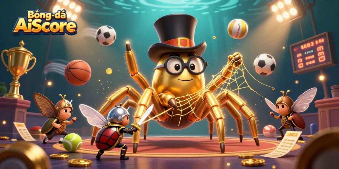BóngđáAiScore showcases live sports excitement with dynamic sports balls and energetic casino characters.