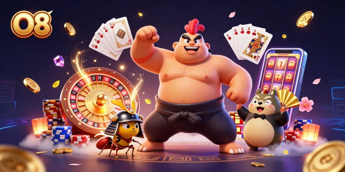 O8 showcases a thrilling casino scene featuring a powerful sumo rooster and vibrant game elements.