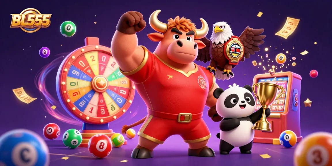 Experience thrilling wins with BL555 in this dynamic online casino illustration featuring rich gaming elements.