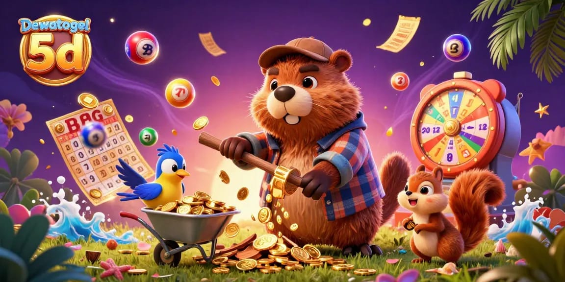 Dewatogel 5d showcases a lively scene with a beaver, bird, and squirrel among colorful lottery elements.
