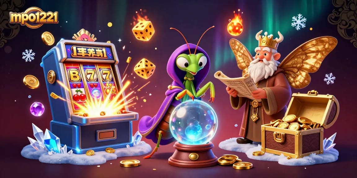 Mainkan mpo1221 sambil menikmati ilustrasi kasino dengan slot, koin, dan karakter mistis.