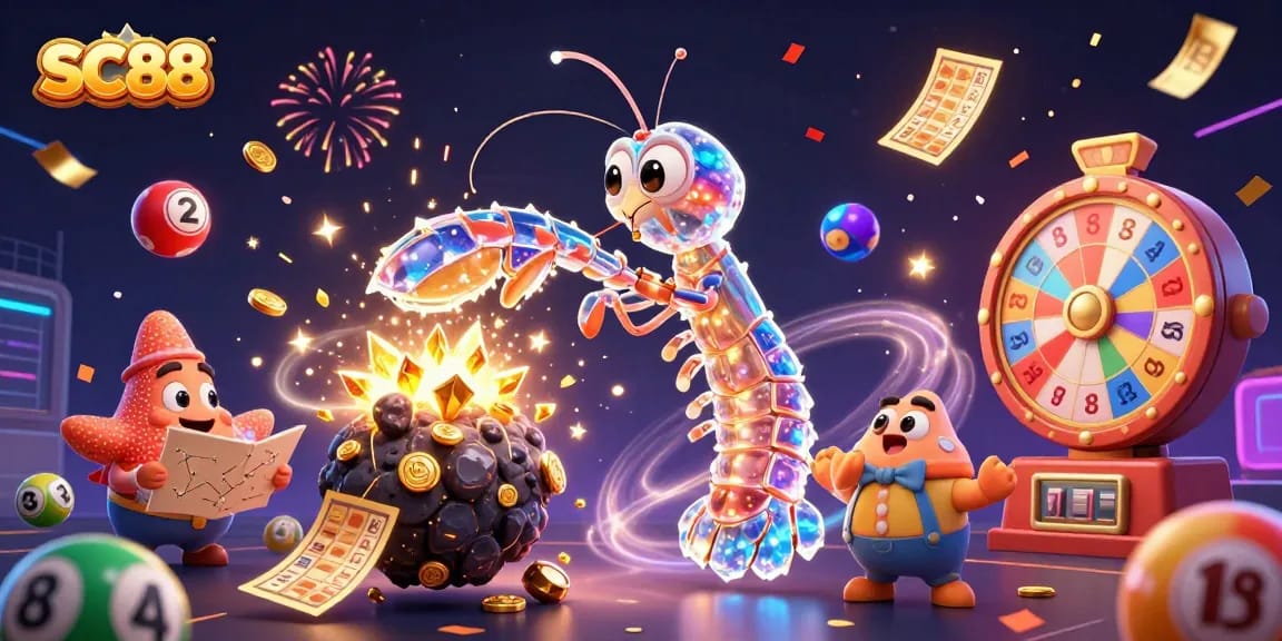 SC88 showcases a triumphant mantis shrimp amidst a colorful explosion of lottery-themed elements.