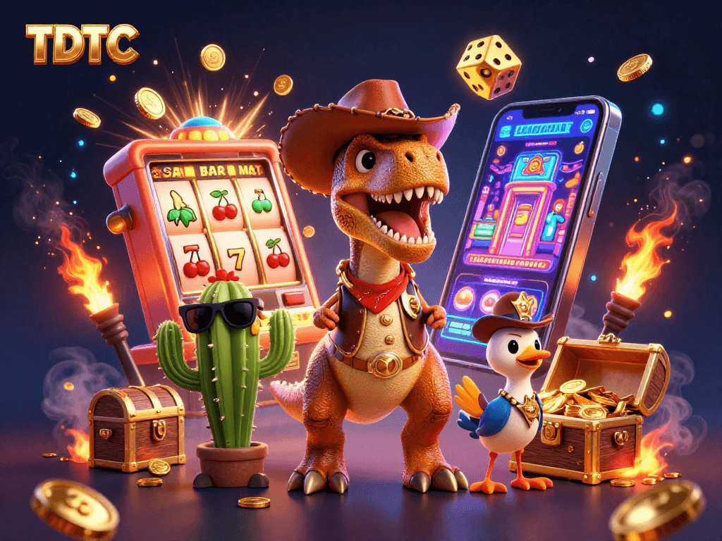 Spin the TDTC slot machines alongside a cowboy T-Rex and colorful casino elements!