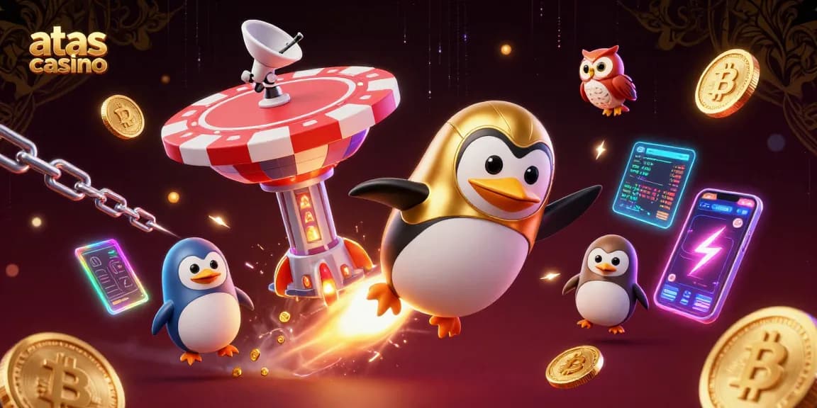 Experience the fun of atas casino with an interactive 3D scene of a rocket-powered penguin and vibrant elements.