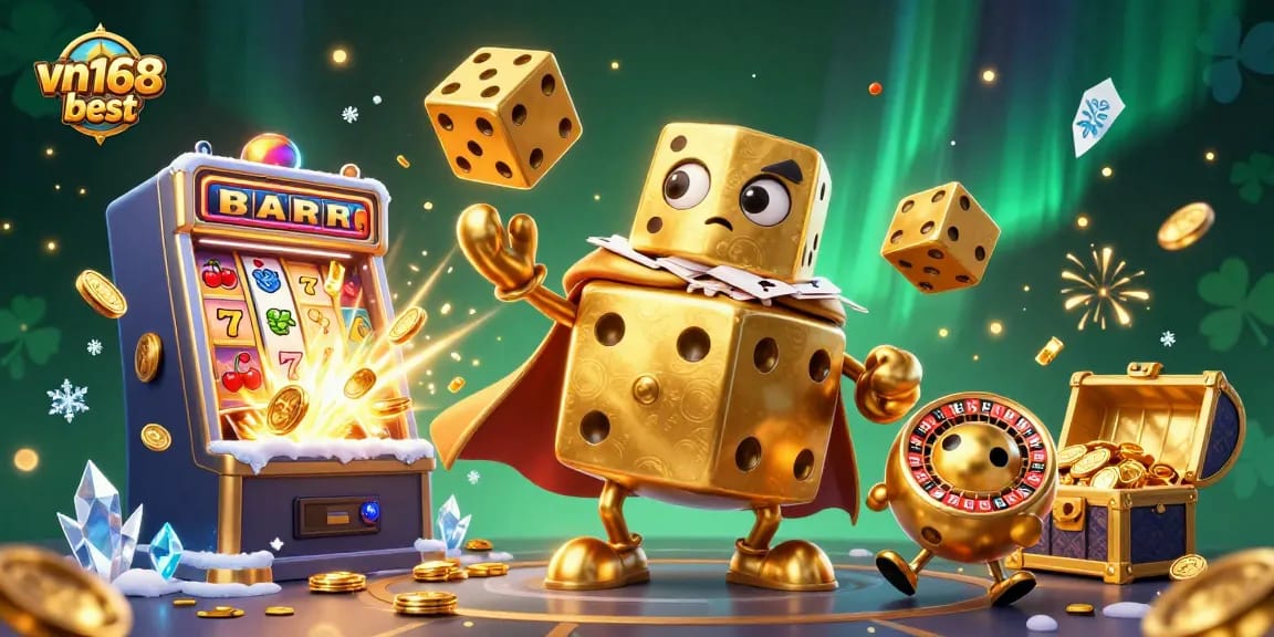 Experience the excitement of gaming at vn168 best with a dynamic 3D casino scene featuring golden dice, jackpots, and colorful slot action.