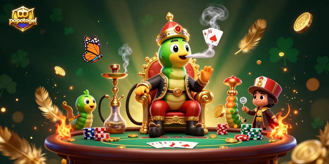 Experience the thrill of popotogel with a vibrant poker-themed illustration showcasing unique characters and rich casino elements.