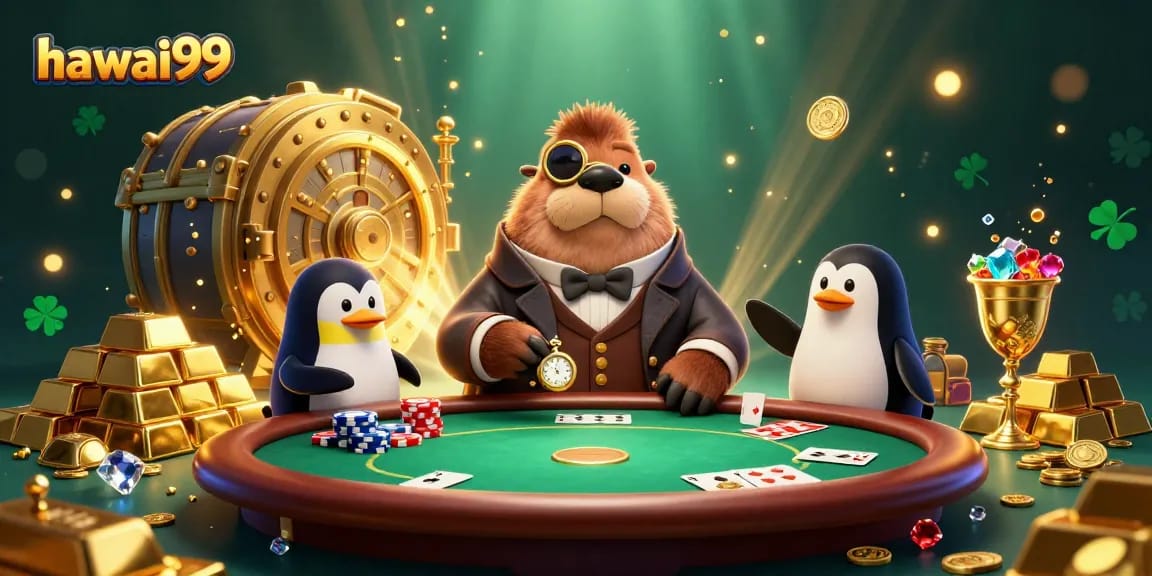 Engage with hawai99 through this vibrant underwater poker scene featuring a walrus and dealer.