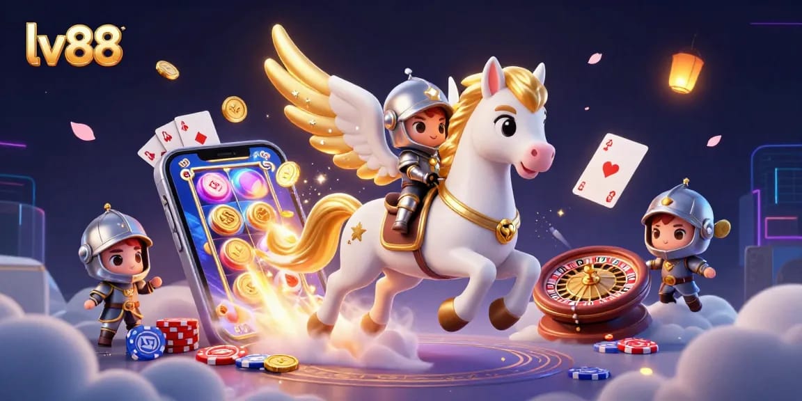 Experience thrilling gaming at lv88 with dynamic slot games and vivid casino elements in this vibrant illustration.