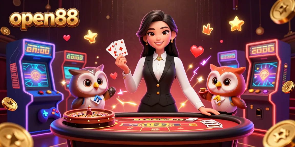Engage in thrilling games at open88, featuring a vibrant casino scene with an elegant dealer.