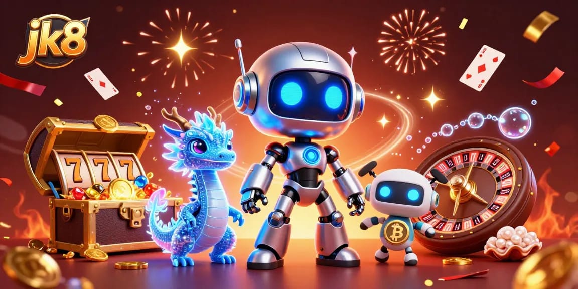 Win big with jk8 at a vibrant casino scene featuring a cyberpunk robot, AI dragon, and thrilling game elements.
