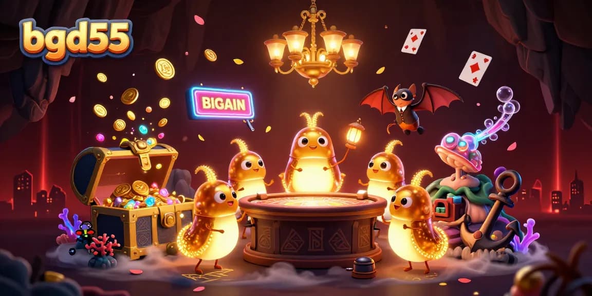 Engage with bgd55's vibrant casino scene, showcasing glowing elements and gambling excitement.